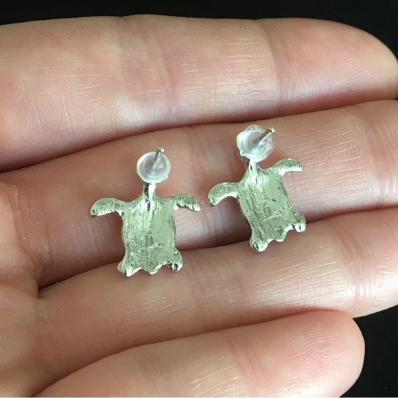 Blue and Silver Turtle Stud Earrings - Picture 2 of 7